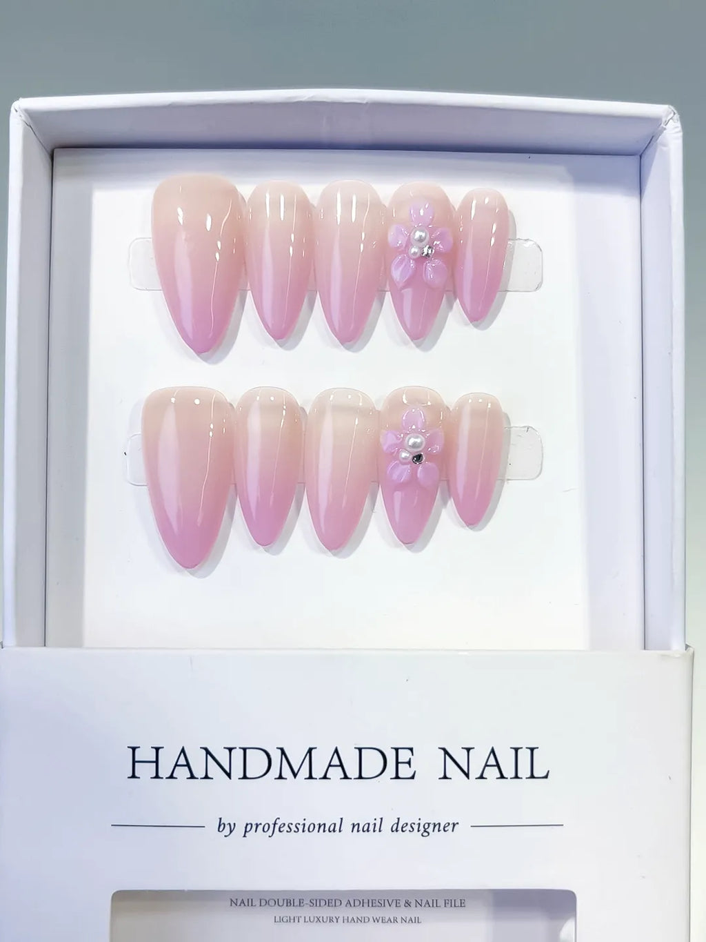 Pink Nude Ombre Flower press on nails angled view