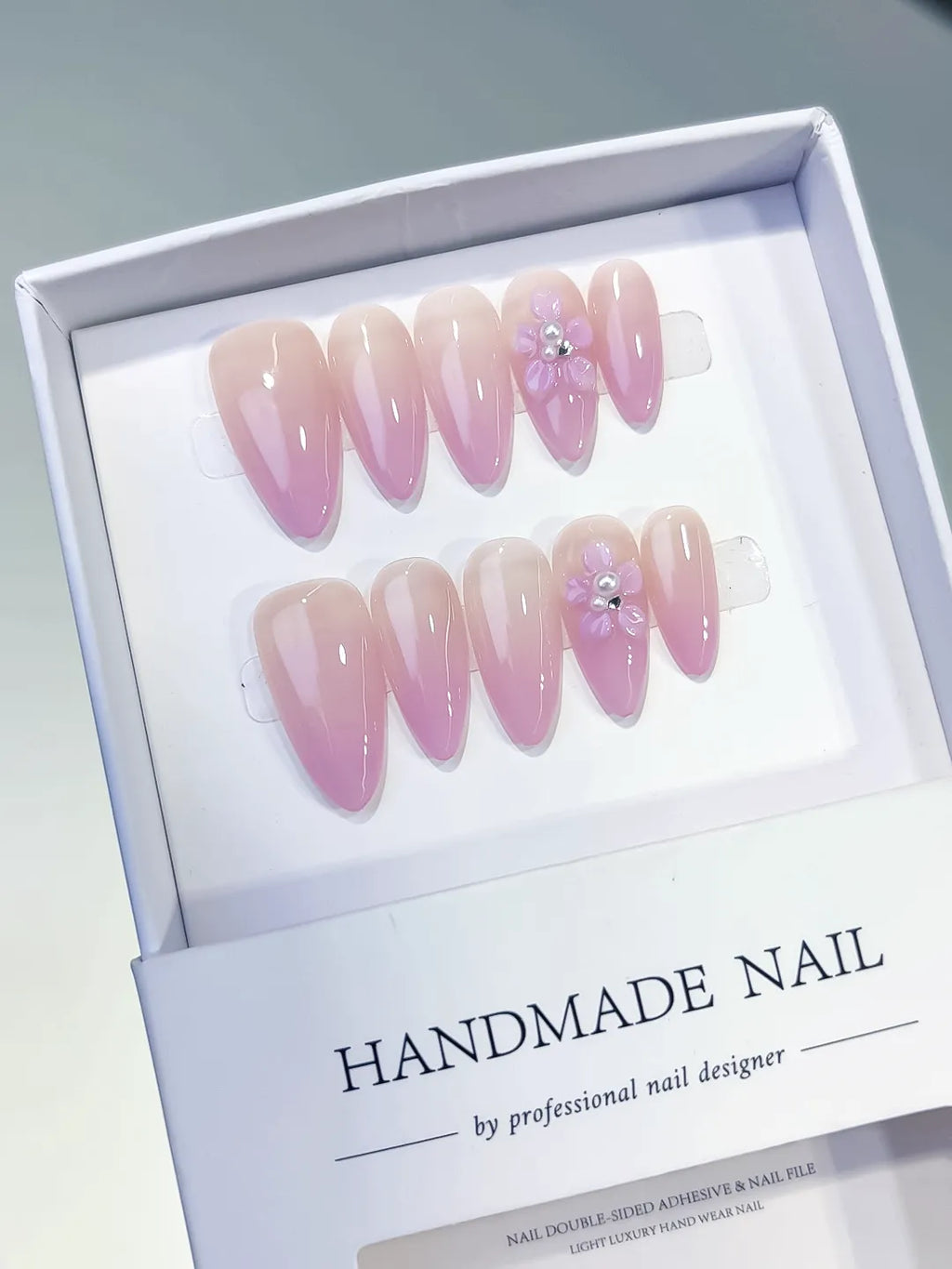 Pink Nude Ombre Flower press on nails full set view