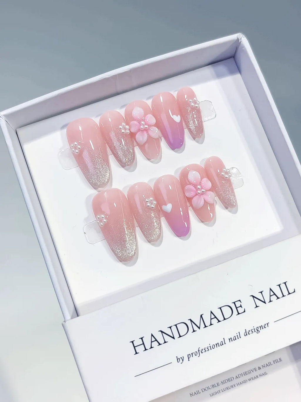 Pink White Silver Glitter Flower Heart Pearl press on nails full set view