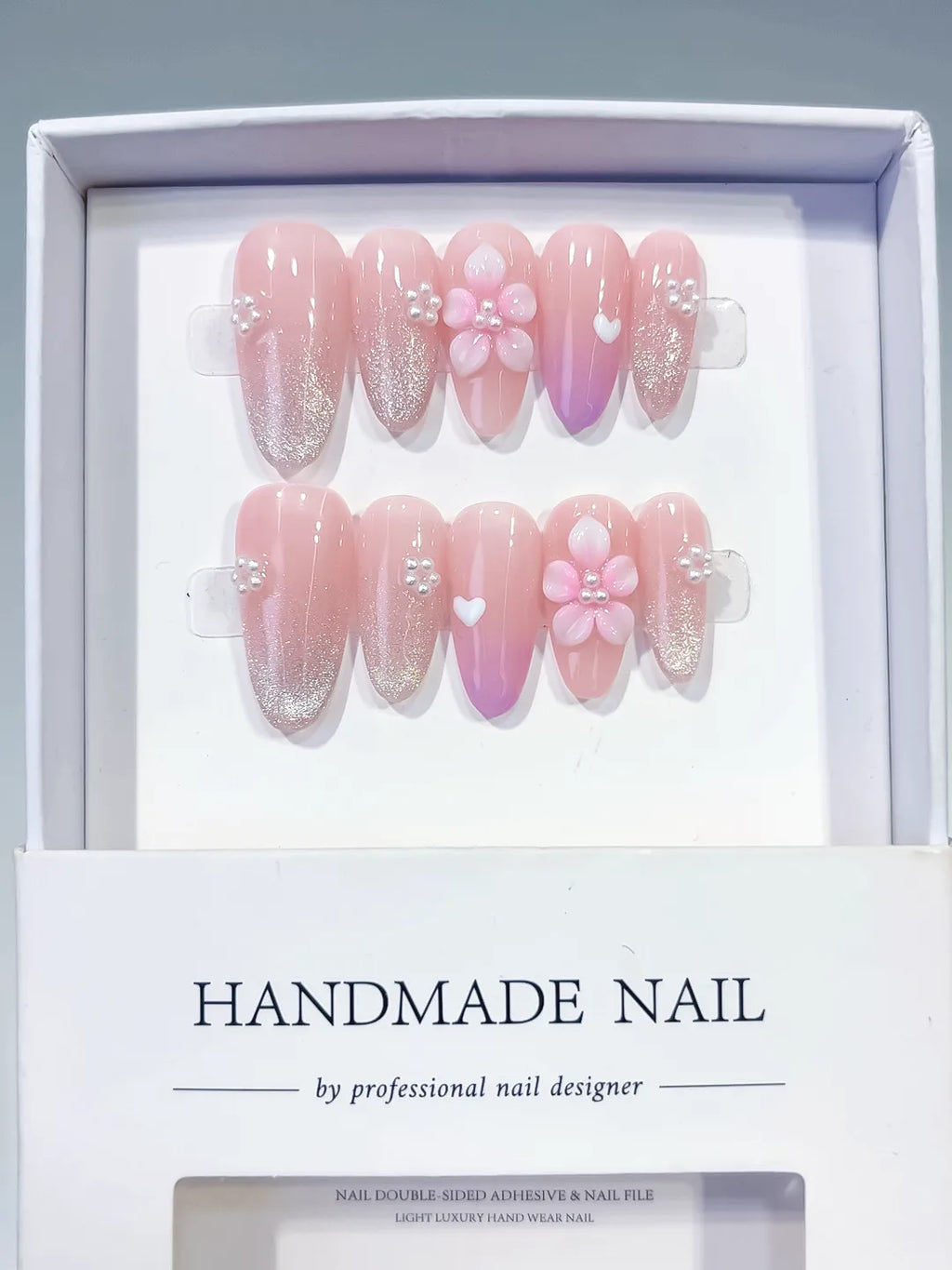 Pink White Silver Glitter Flower Heart Pearl press on nails angled view