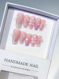 Pink White Silver Glitter Flower Heart Pearl press on nails
