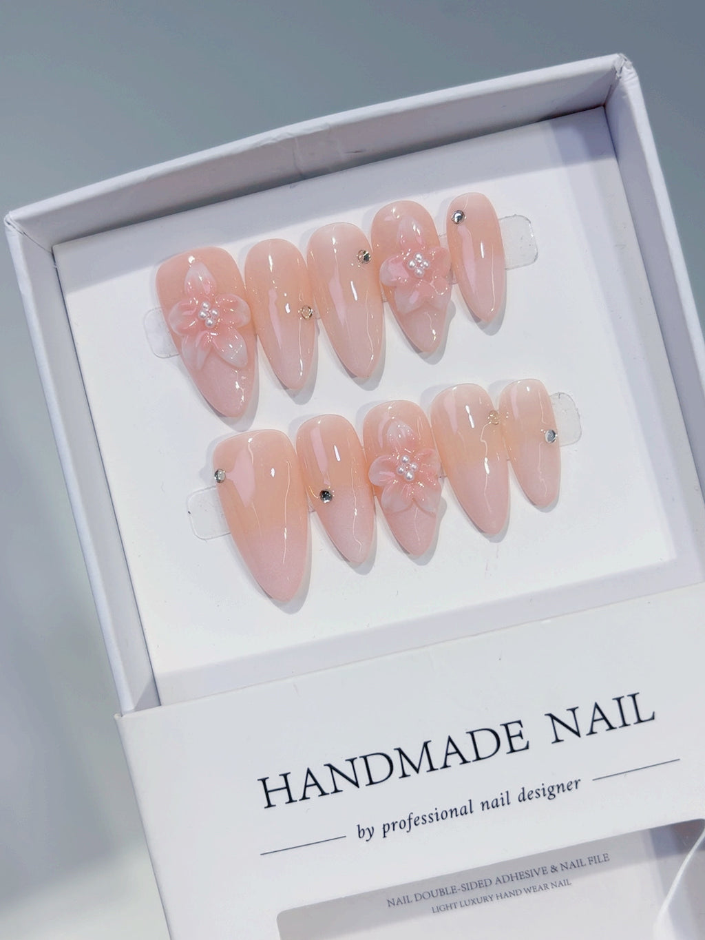 Pink Solid color Flower Rhinestone press on nails full set view
