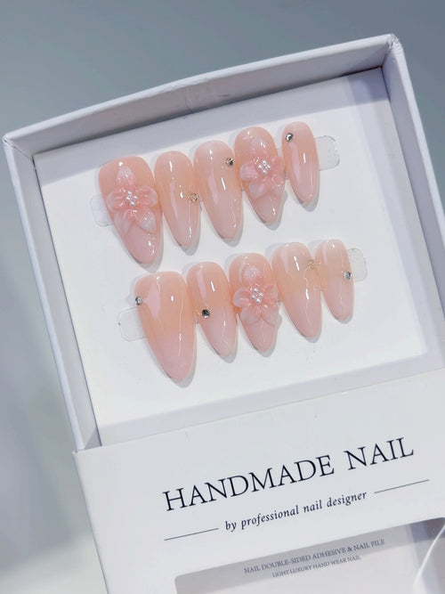Pink Solid color Flower Rhinestone press on nails full set view