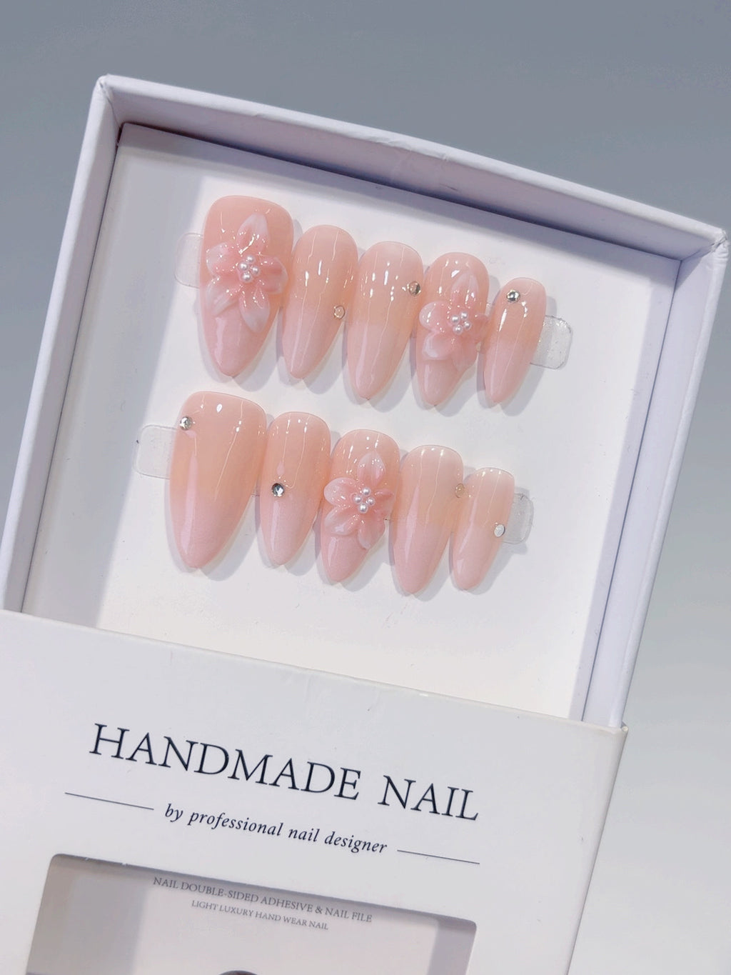 Pink Solid color Flower Rhinestone press on nails