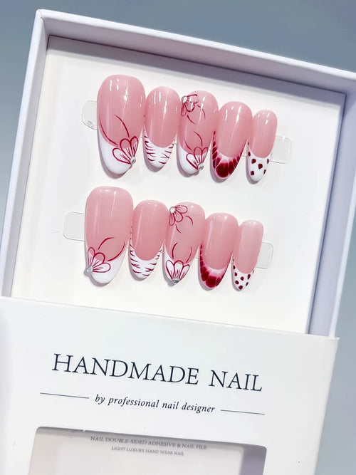 Pink White Red French tip Floral Dot Pattern press on nails