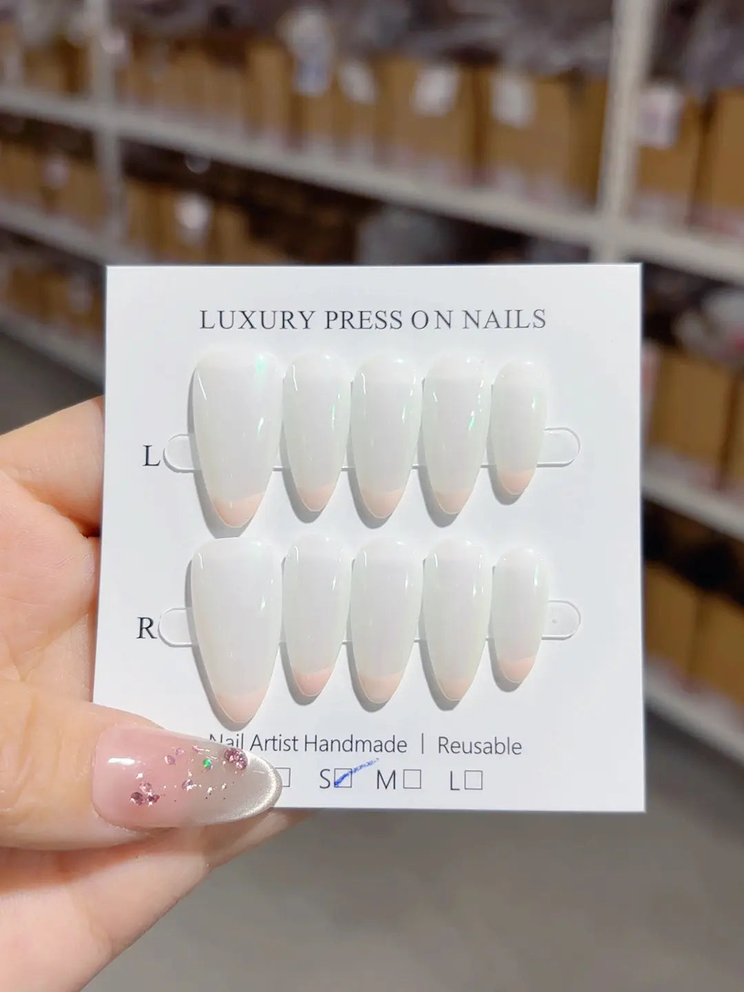 medium almond handmade press on nails white french with holographic shine, close-up