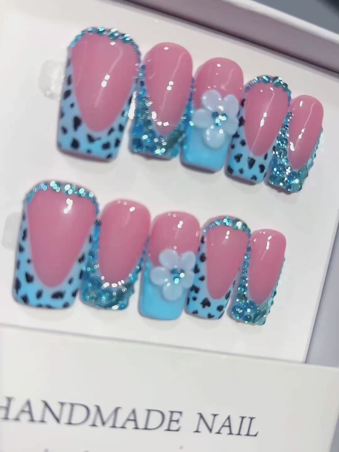 D654 - Medium Long Pink Blue Square French Tip Polka Dot Flowers - product video 1