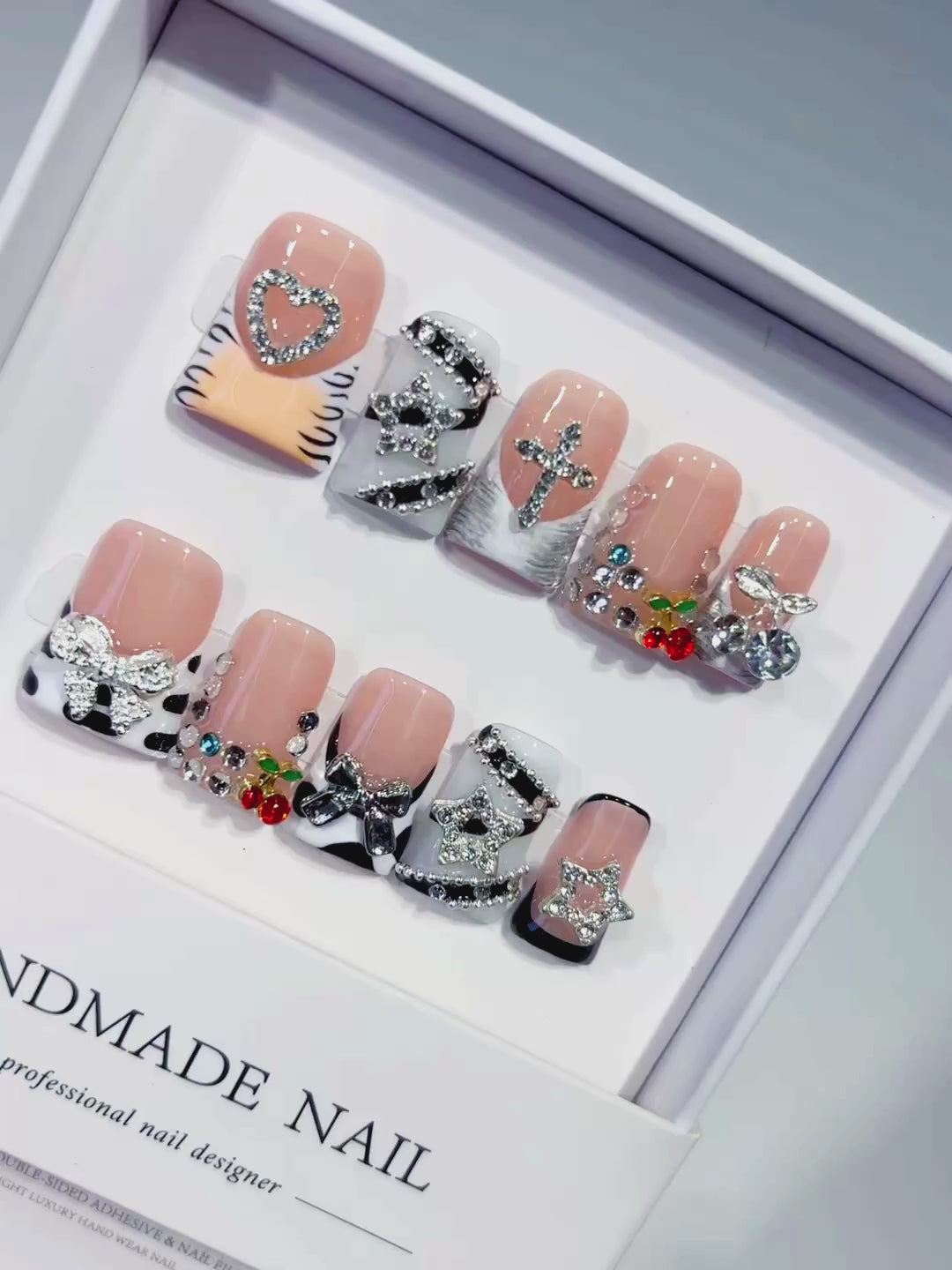 Nude Black White Silver Abstract Bow Heart Cross Cherry Rhinestone press on nails video