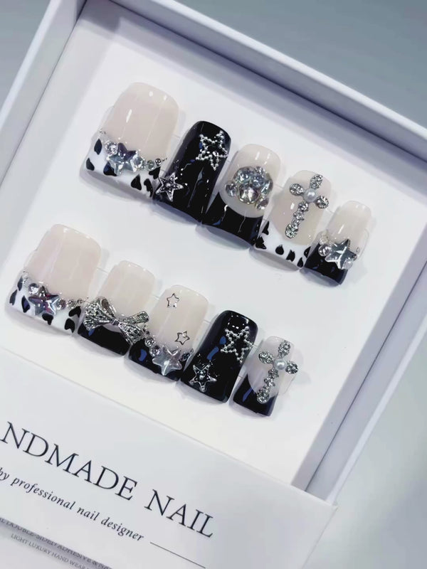 Nude Black White Silver Abstract Star Bow Cross Rhinestone press on nails video