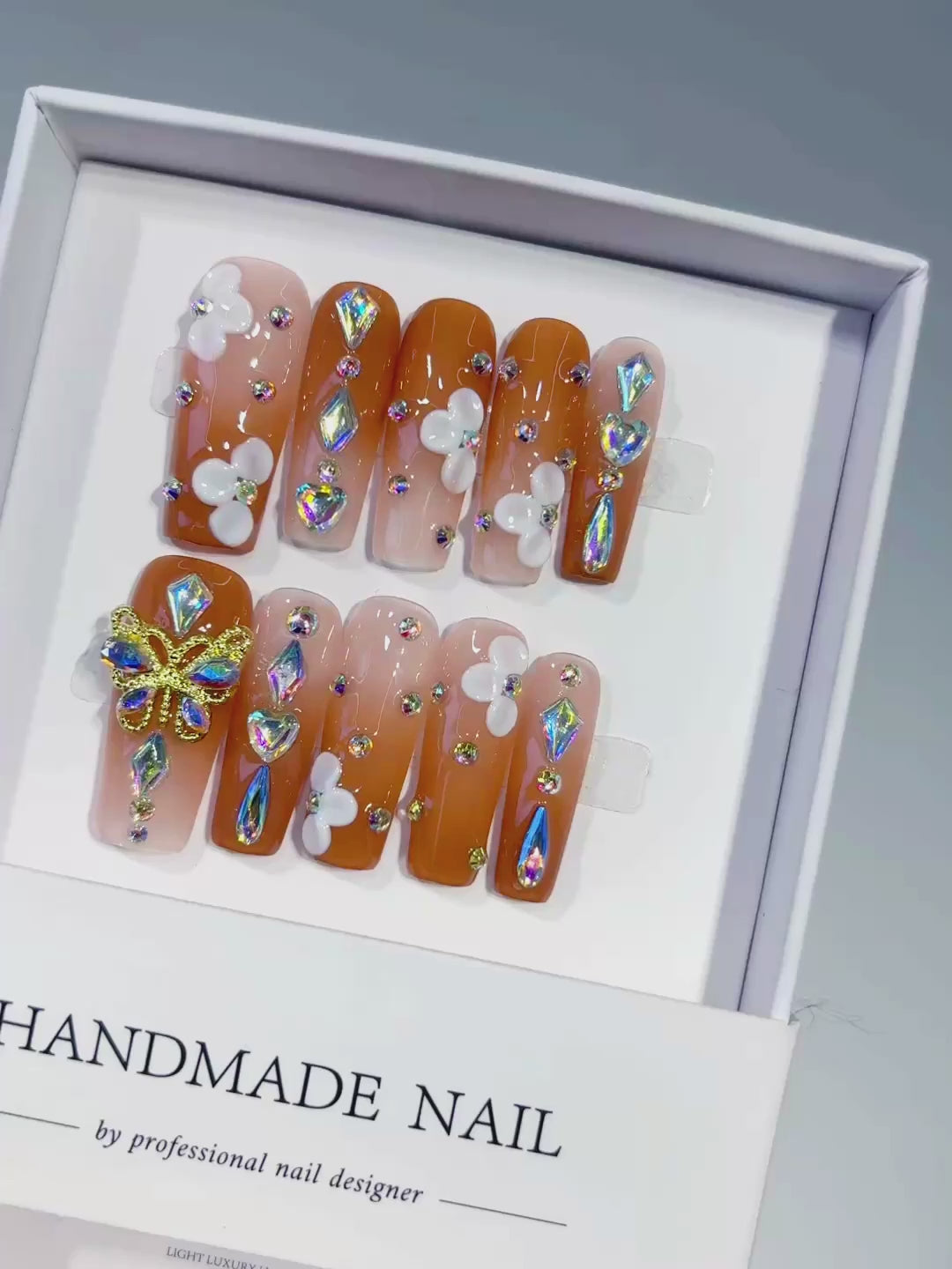 Orange Nude White Gold Multicolor Solid color Butterfly Flower Rhinestone 3D press on nails video