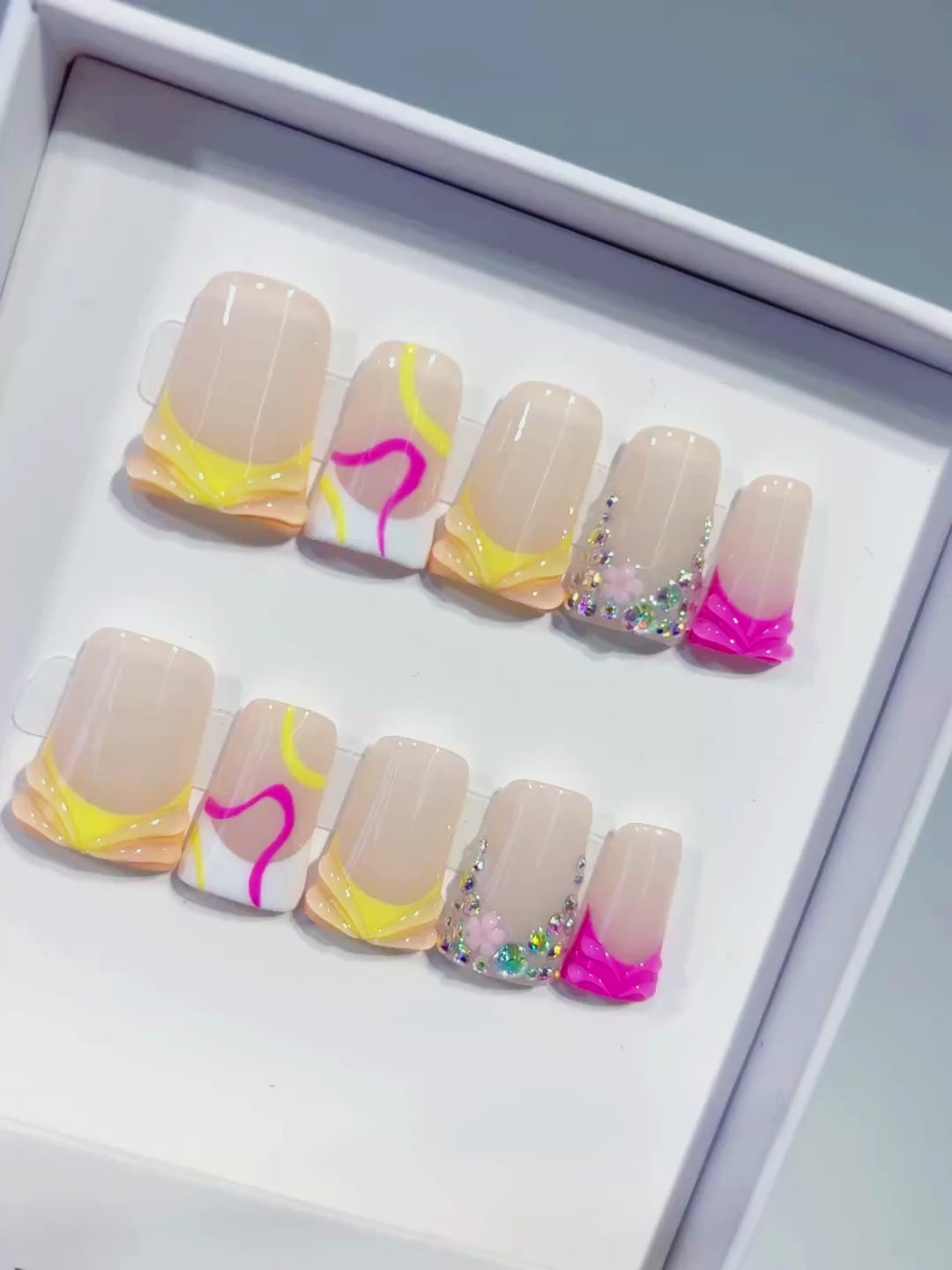 Nude Yellow White Pink Silver Abstract Heart Rhinestone press on nails video