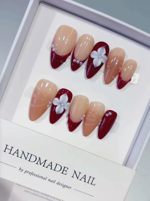 Nude Red White Silver French tip Flower Shell Pearl press on nails video