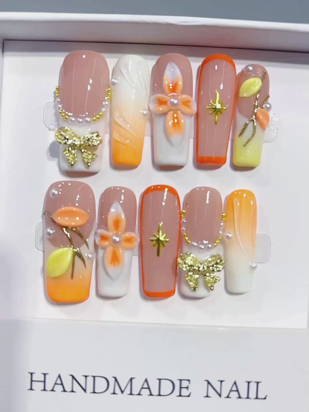 K041 - Medium Long Nude Orange Square Ombre French 3D Flowers - product video 1