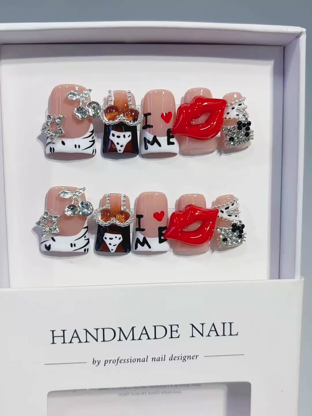 Nude White Orange Black Silver Abstract Lip Text Rhinestone press on nails video