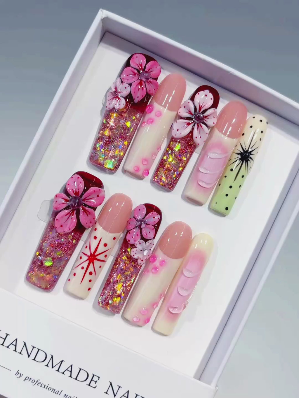 Pink Nude White Red Black Green Silver Abstract Flower Glitter Starburst 3D Texture press on nails video