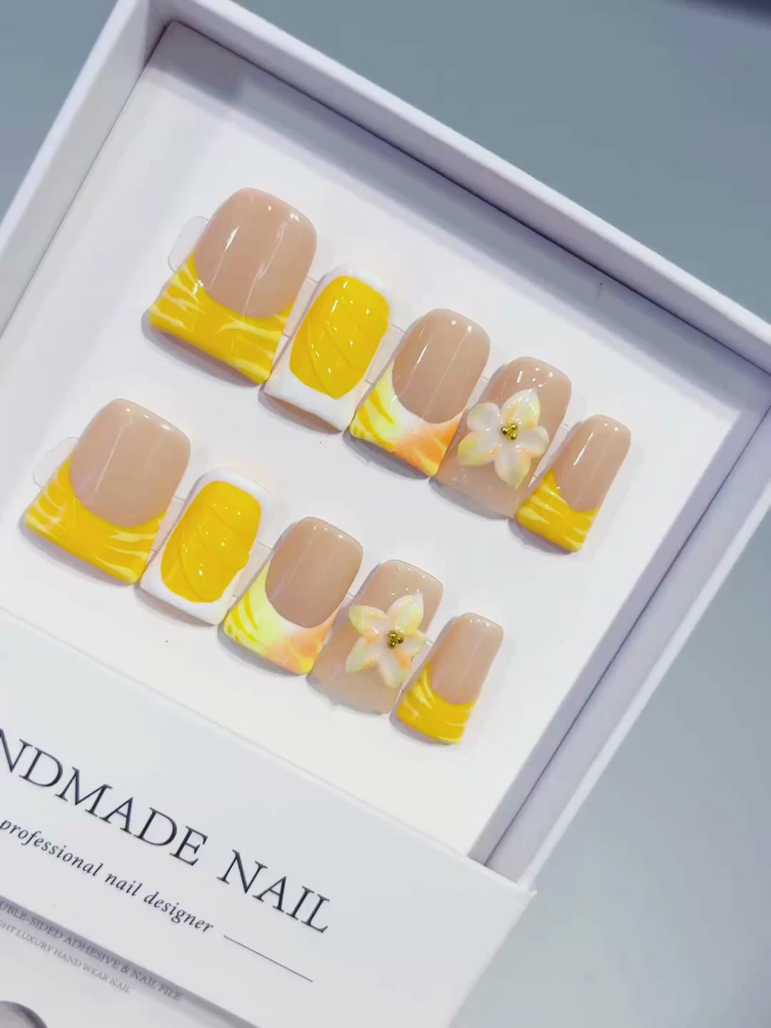 Nude Yellow White French tip Flower press on nails video
