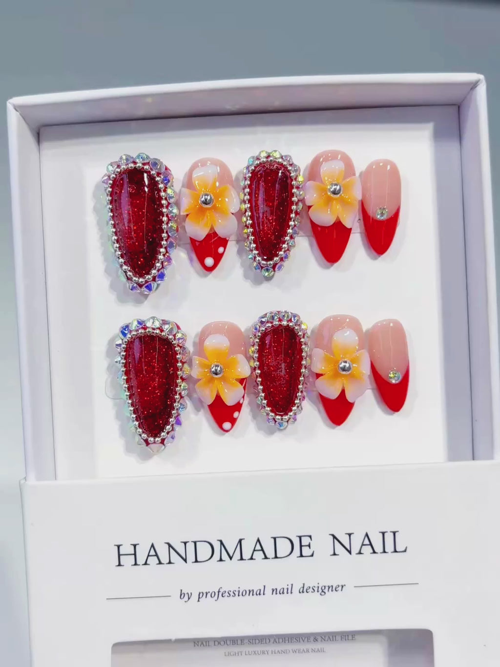 Red Nude Yellow White Silver French tip Flower Rhinestone Glitter 3D press on nails video