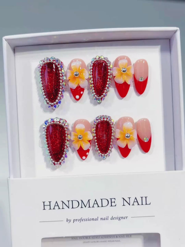 Red Nude Yellow White Silver French tip Flower Rhinestone Glitter 3D press on nails video