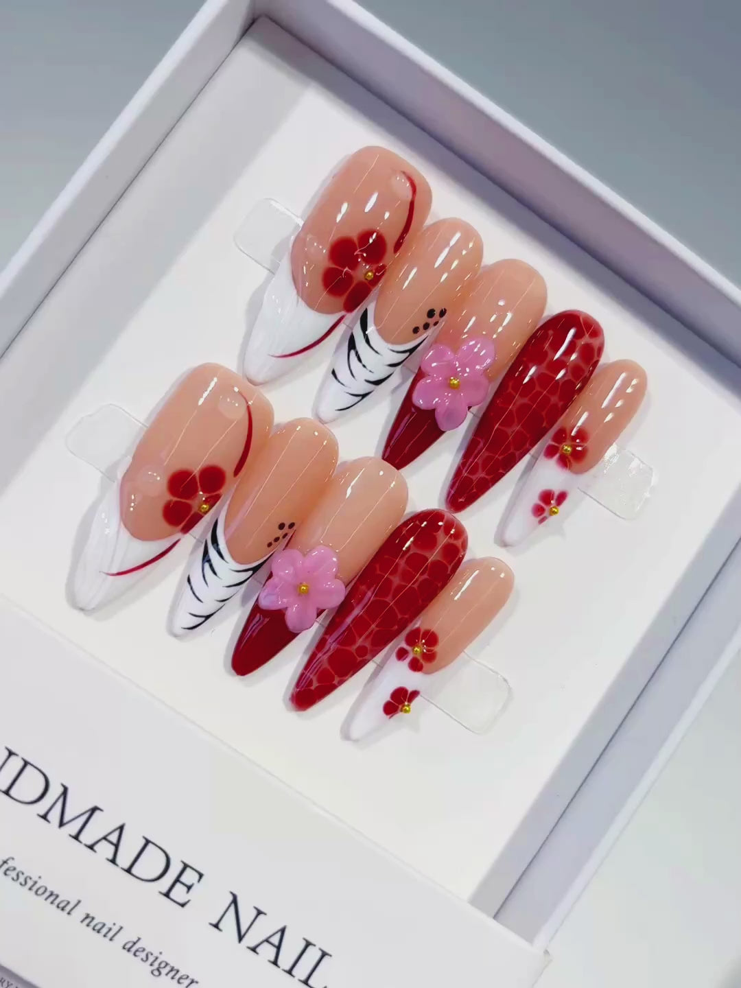 Nude Red White Black Pink Abstract Flower Animal Print press on nails video