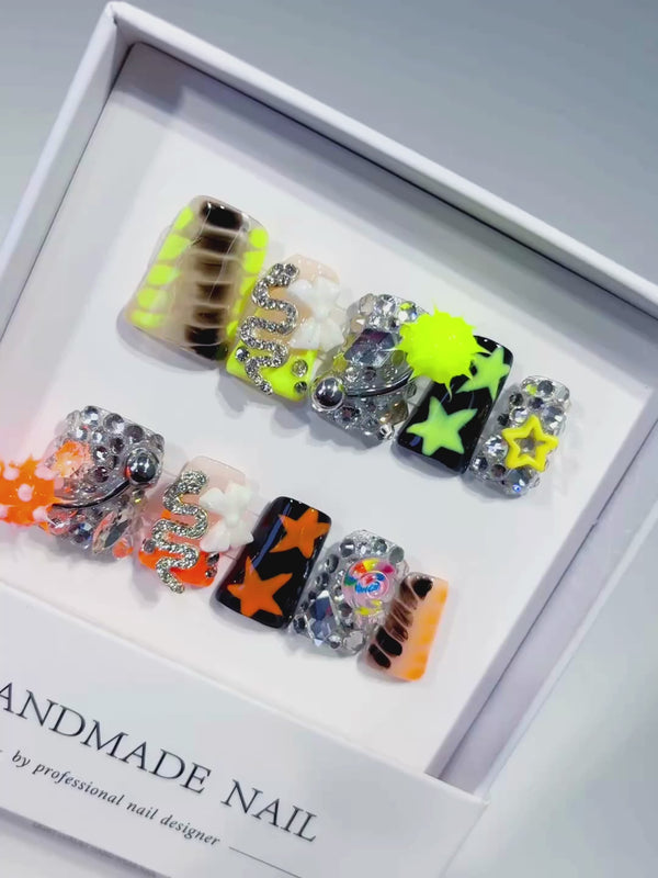 Green Orange Black Silver White Abstract Star Snake Flower Rhinestone 3D press on nails video