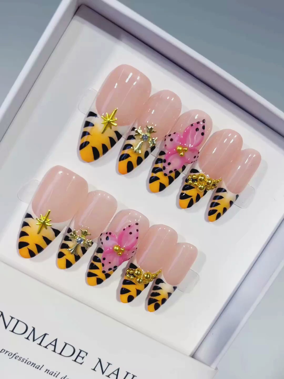 Nude Yellow Pink Black Gold French tip Animal Print Bow Heart Stud press on nails video