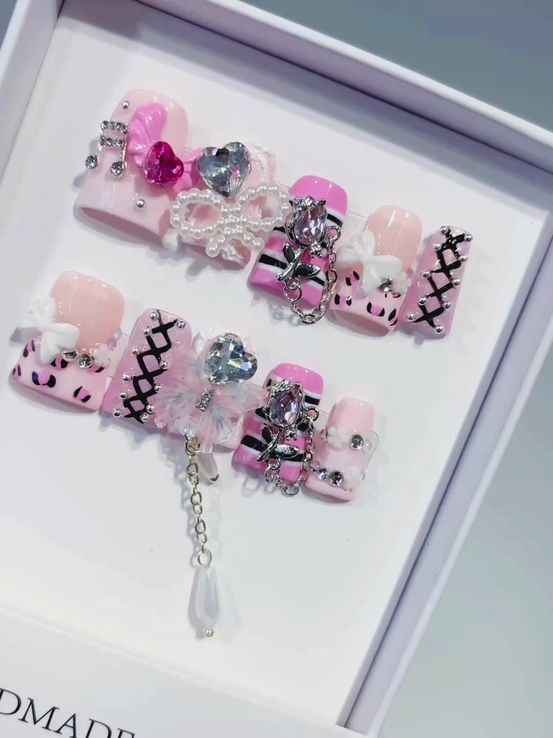 Pink White Black Silver Abstract Bow Heart Cross Lattice Chain Rhinestone 3D press on nails video