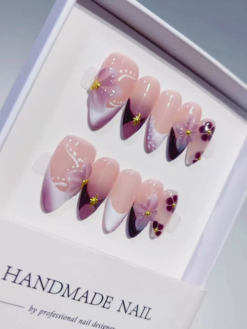 Nude Purple Black White French tip Flower press on nails video