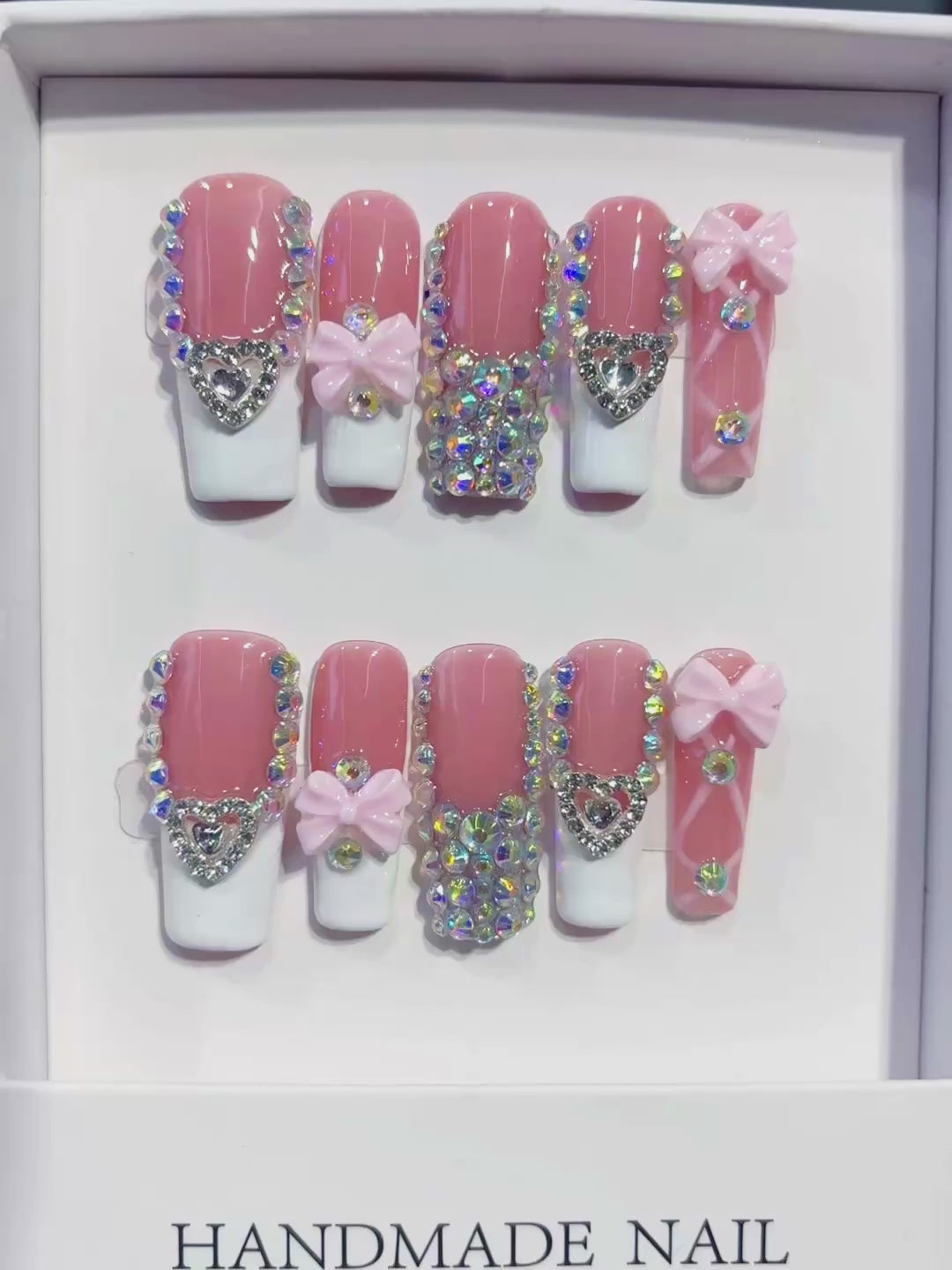 Pink White Silver Multicolor French tip Heart Bow Rhinestone 3D press on nails video