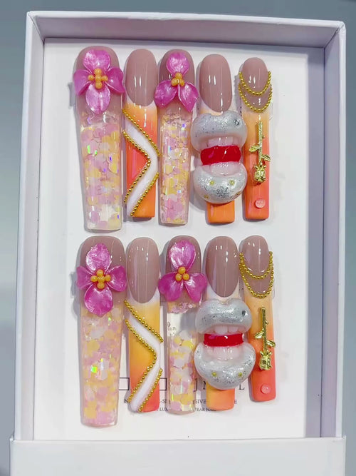 Nude Orange White Pink Gold Silver Multicolor Abstract Flower Lips Chain Glitter Metallic Accent 3D press on nails video
