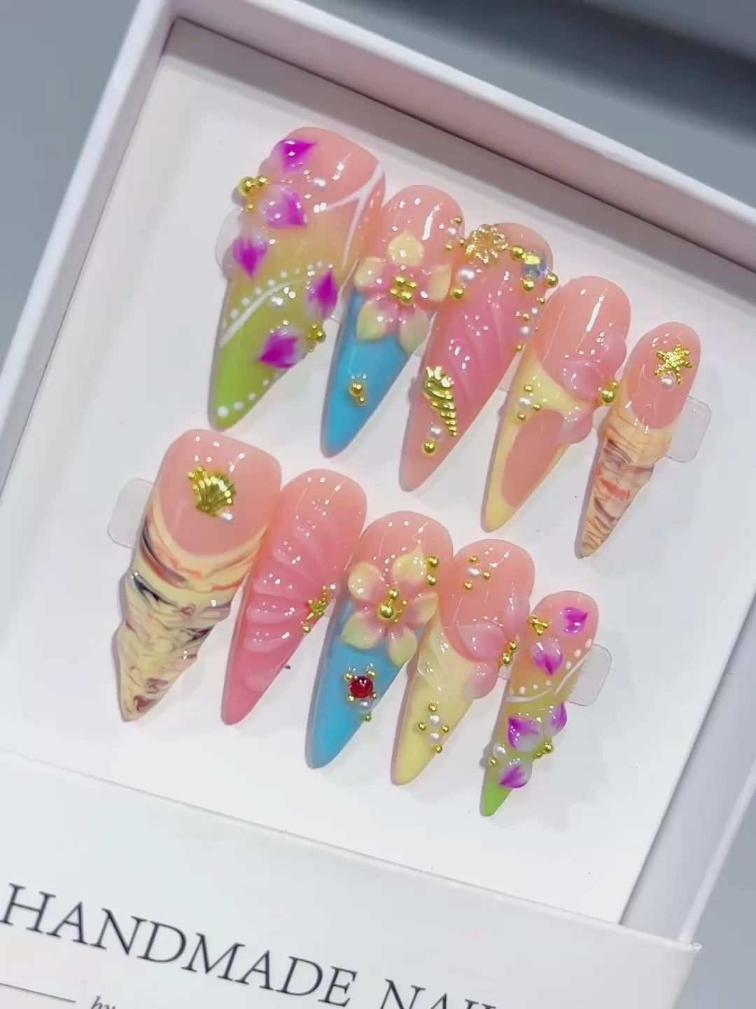 K049 - Long Nude Pink Stiletto Pastel French 3D Flowers - product video 1