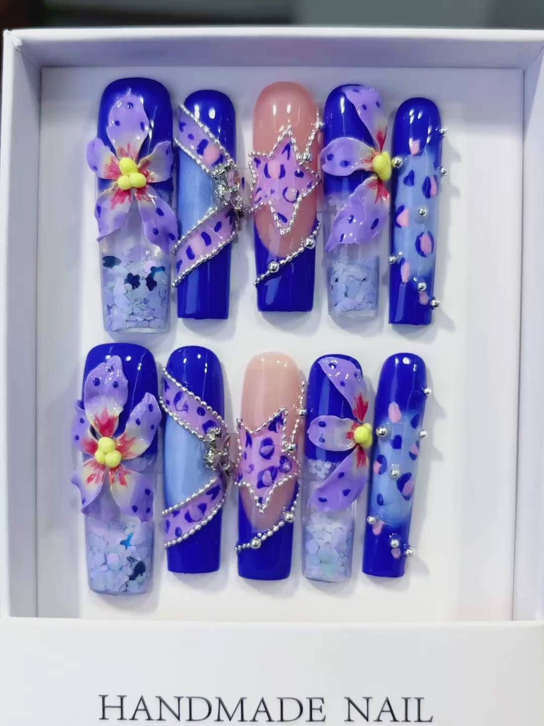Blue Nude Purple Silver Abstract Flower Glitter Bow Rhinestone 3D press on nails video