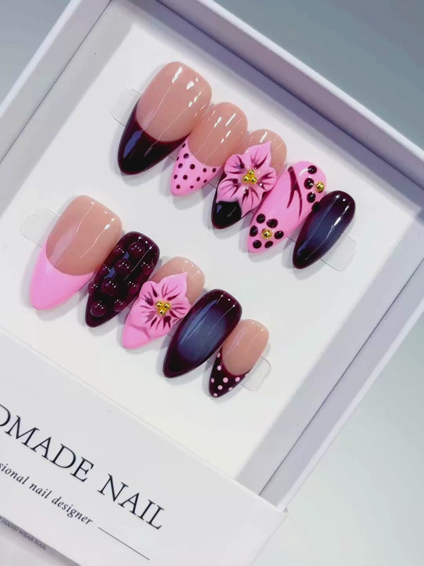 Nude Pink Red Abstract Flower Dot Pattern Cat Eye press on nails video