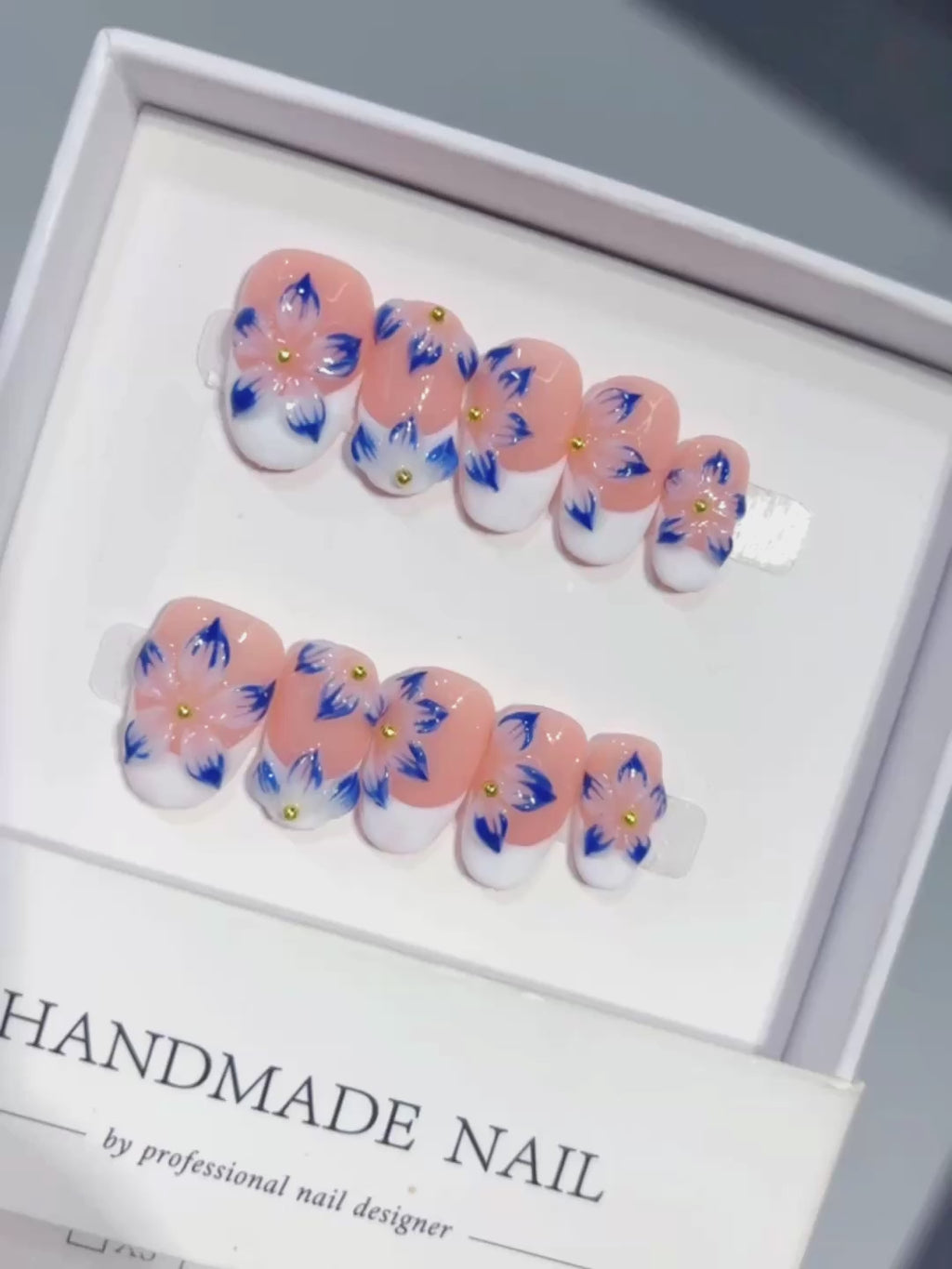 D655 - Short Nude Blue Oval French 3D Flowers - product video 1