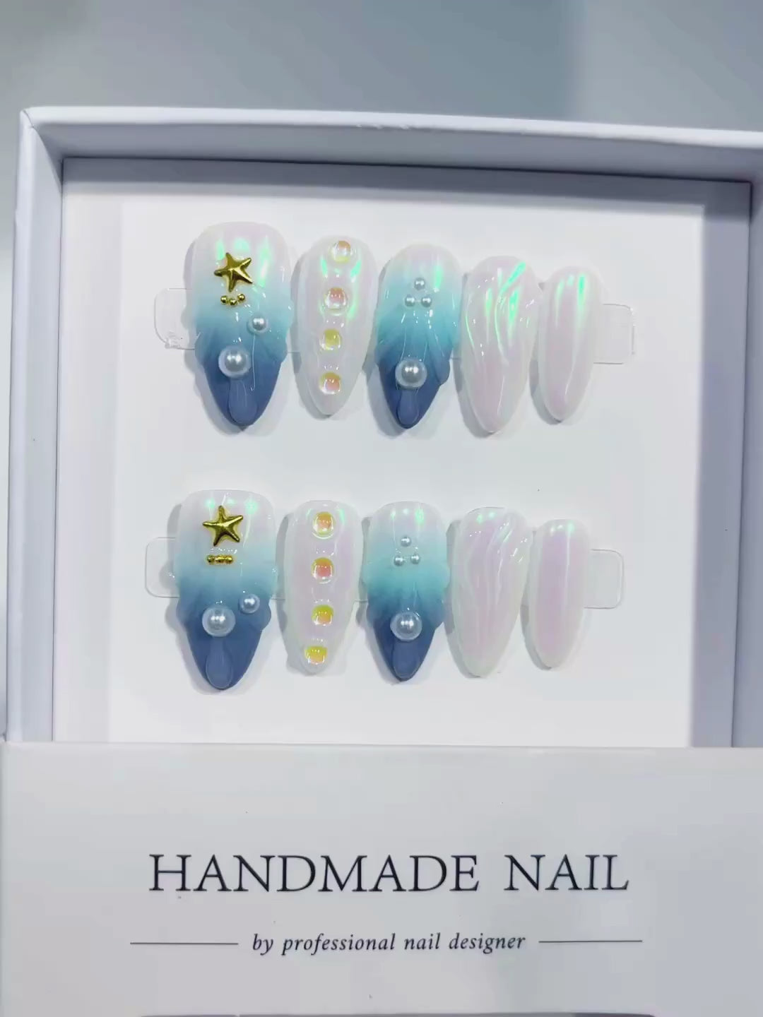 Blue White Multicolor Gold Holographic Pearl Star Shell press on nails video