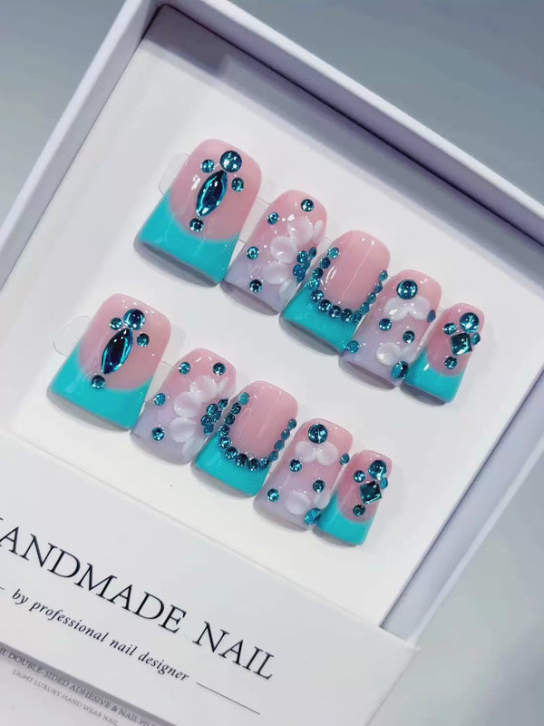 Nude Blue White Silver French tip Flower Rhinestone 3D press on nails video