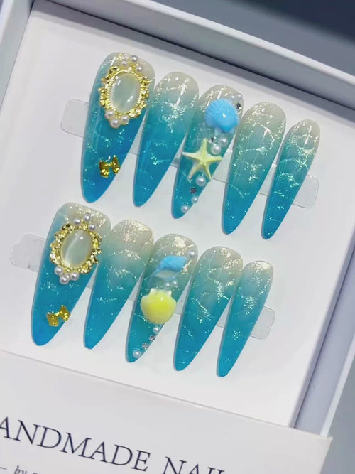 Blue Silver Gold Glitter Pearl Star Metallic Charm press on nails video