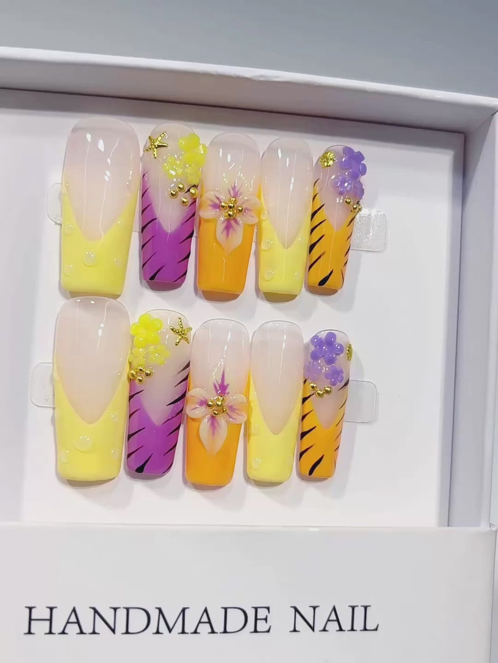 K042 - Medium Long Yellow Pink Square French Tip 3D Flowers - product video 1