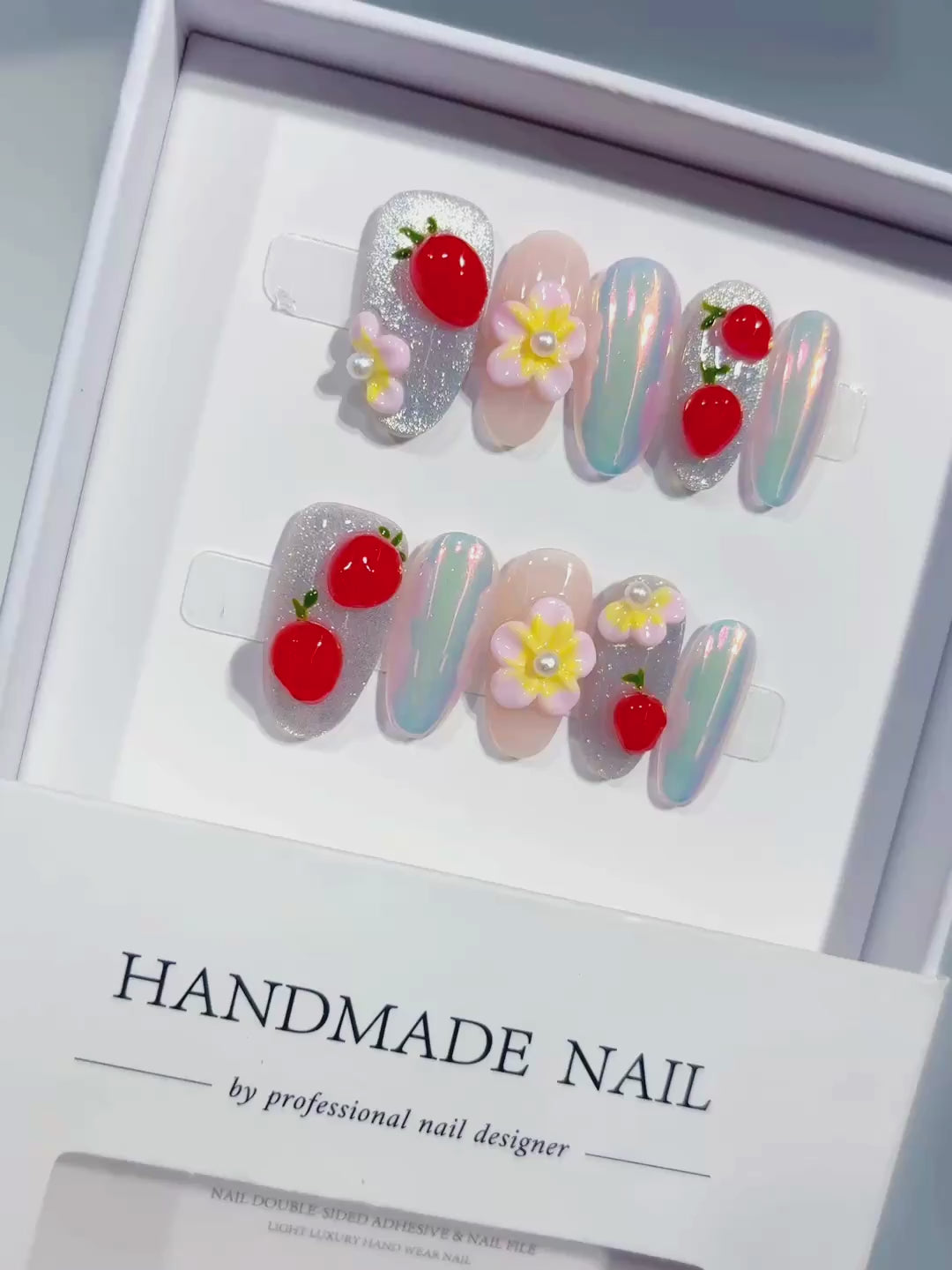 Silver Nude Multicolor Red Glitter Flower Fruit Pearl press on nails video