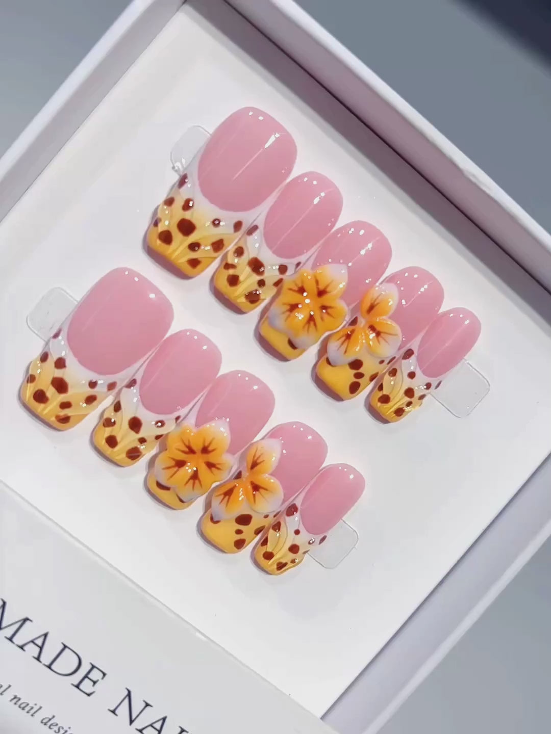 K043 - Medium Long Pink Orange Square Ombre French Polka Dot Flowers - product video 1