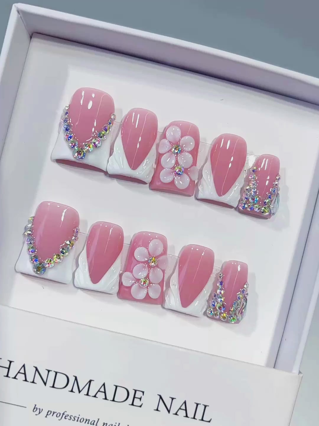 Pink White Silver French tip Flower Rhinestone press on nails video