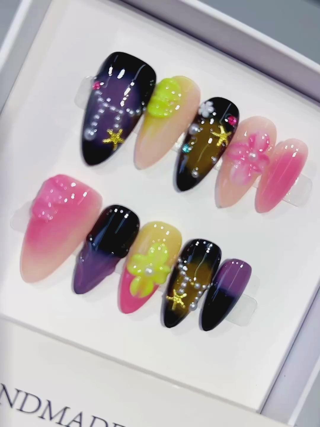 Pink Black Purple Green Yellow Abstract Flower Star Rhinestone press on nails video