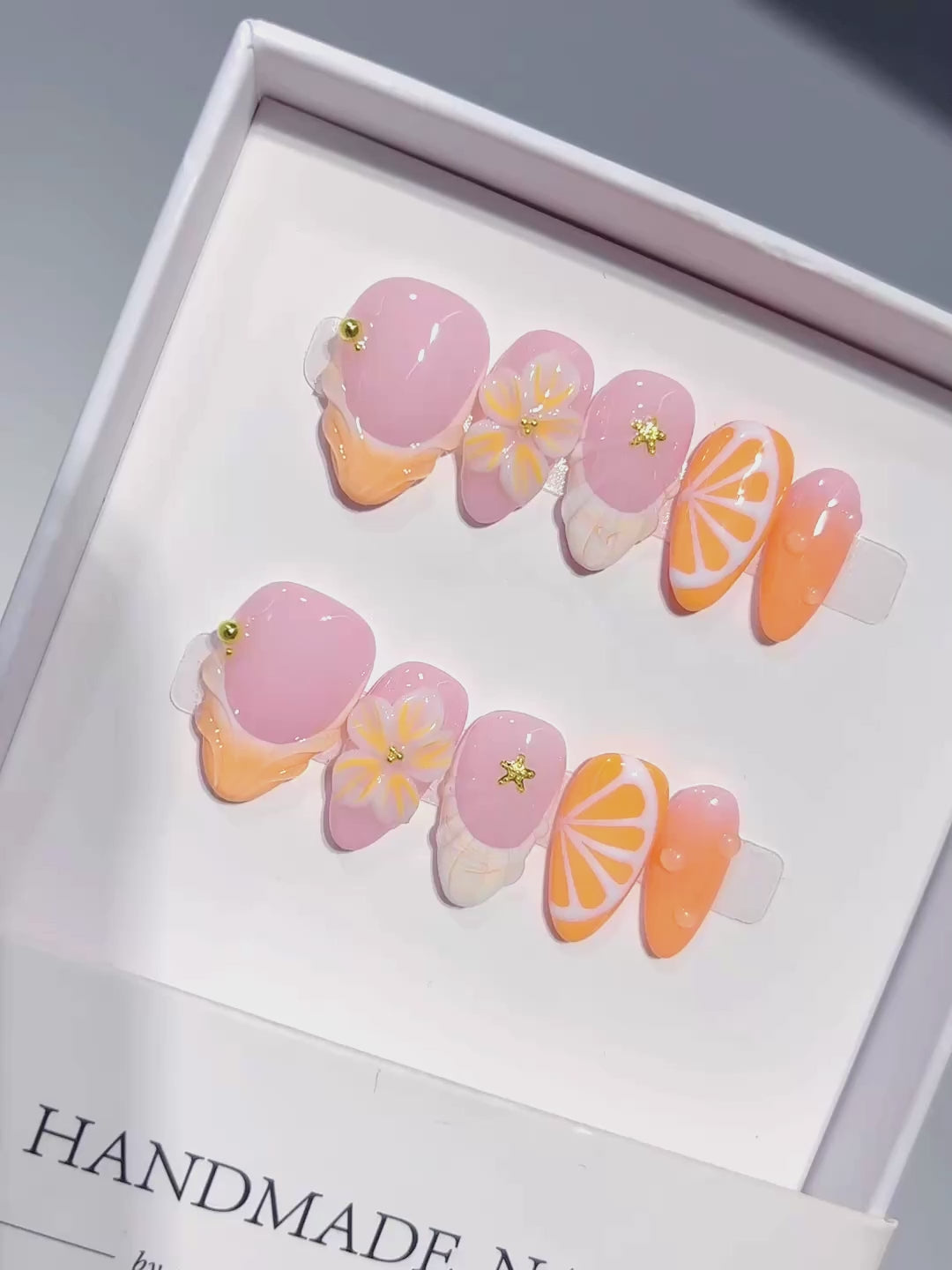 D645 - Short Peach Orange Almond French Tip 3D Flowers - product video 1