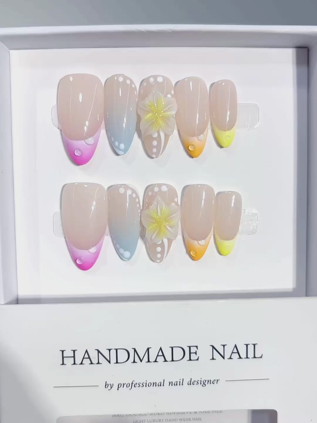 D642 - Medium Nude Pastel Almond Ombre French Tip Polka Dot Flowers - product video 1