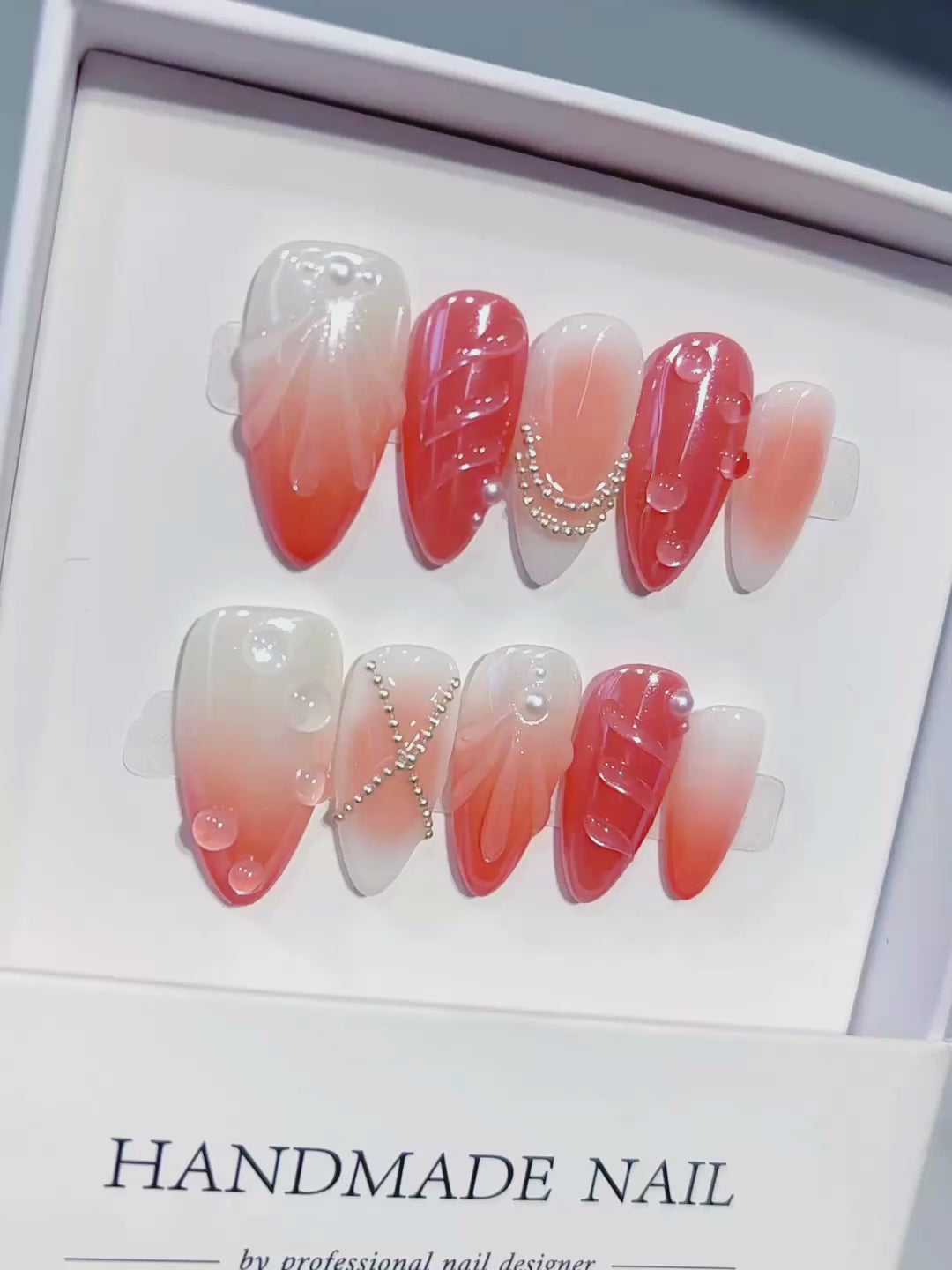 White Orange Silver Ombre Shell Pearl Chain press on nails video