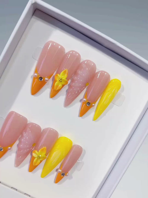 Nude Orange Yellow French tip Flower Shell Rhinestone press on nails video