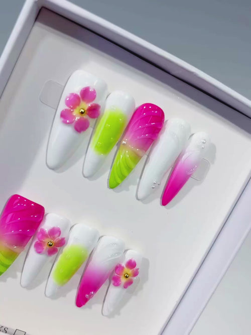 White Pink Green Ombre Flower Shell press on nails video
