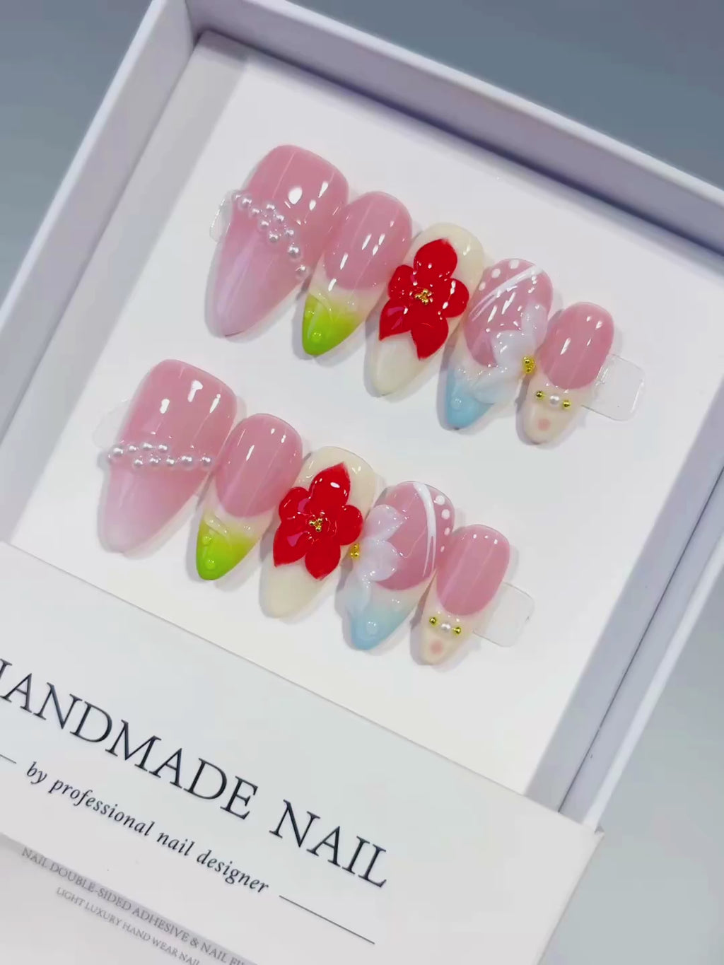 Pink Green White Blue Abstract Flower Pearl press on nails video