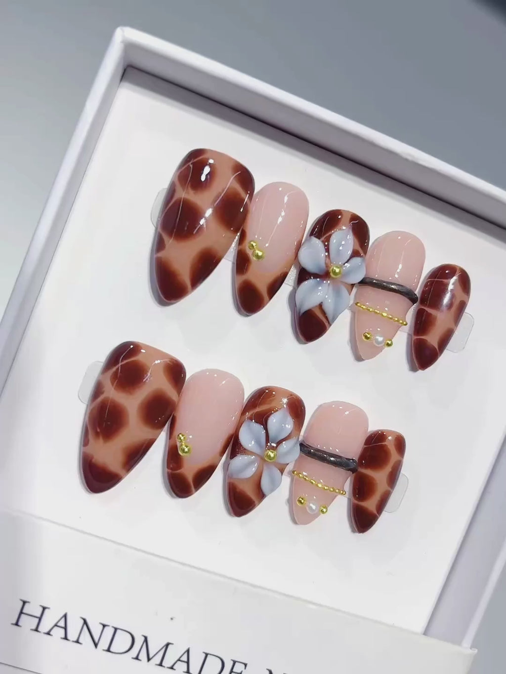 D647 - Medium Brown Black Almond Leopard Print French 3D Charms - product video 1
