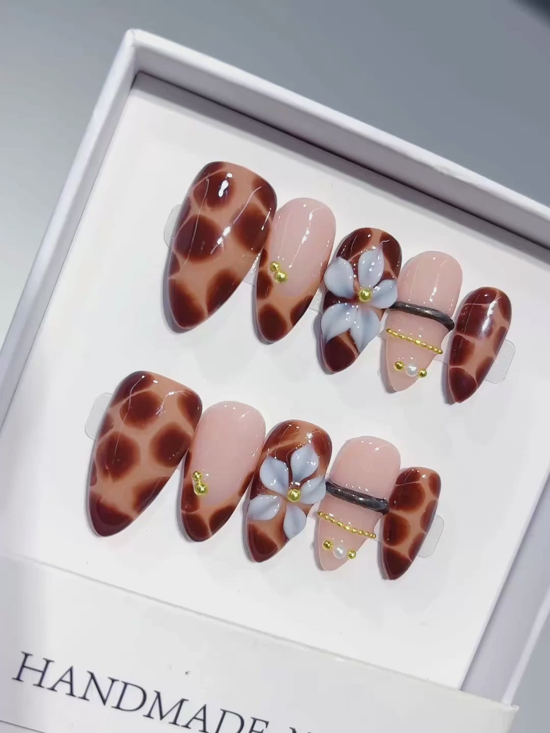 D647 - Medium Brown Black Almond Leopard Print French 3D Charms - product video 1