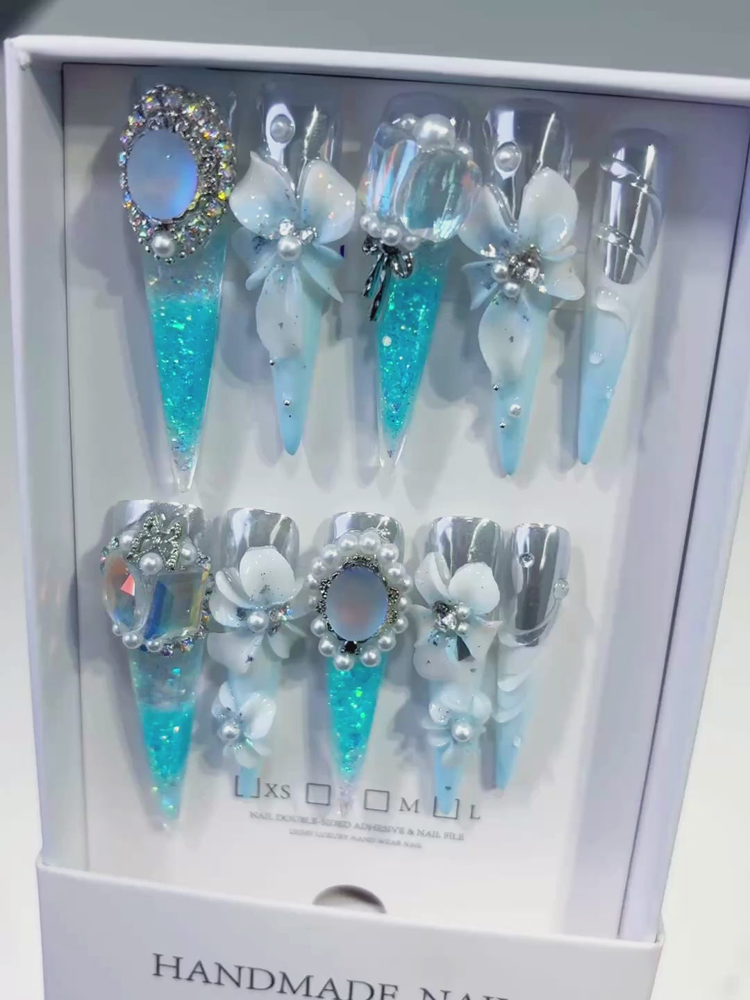 Blue White Silver Multicolor Glitter Flower Pearl Rhinestone Metallic Accent 3D press on nails video